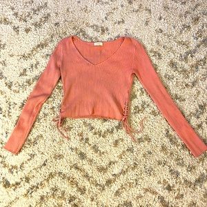 Pink V-Neck Long Sleeve Side-Tie Crop Top